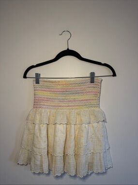 LoveShackFancy Tiered Ruffle Mini Skirt XS | Rainbow Smocked Waist | Scalloped